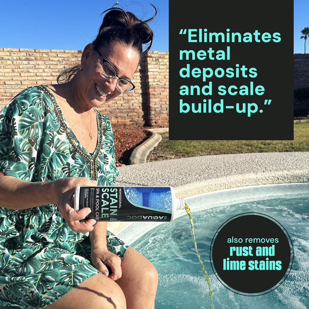 Spa Stain and Scale Control for Hot Tubs, Scale Metal & Stain Control for Hot Tubs, Prevent & Remove Stains in Hot Tubs with Our Hot Tub Water Softener & Spa Descaler Chemical - AquaDoc 32oz