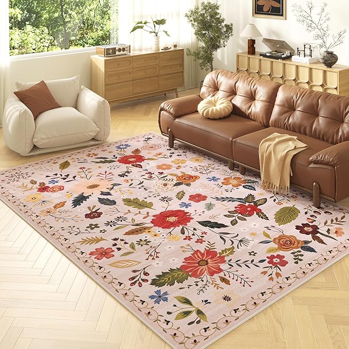 5x7 Washable Rug for Living Room, Pink Floral Area Rug, Non Slip Low Pile Soft Flower Carpet, Large Rugs for Bedroom, Dining Room, Office, Kids Playroom, Nursery, Pink/Beige