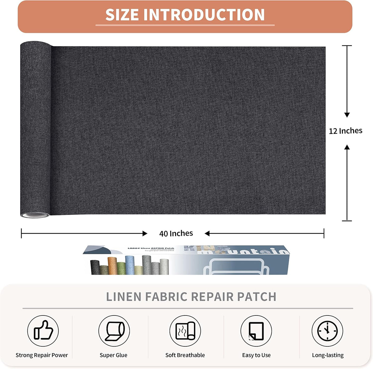 Fine Linen Fabric Patches, Self-Adhesive, Extra Large 12x40 inch, Multi Color, for Sofa & Clothes Repair (Dark Grey)