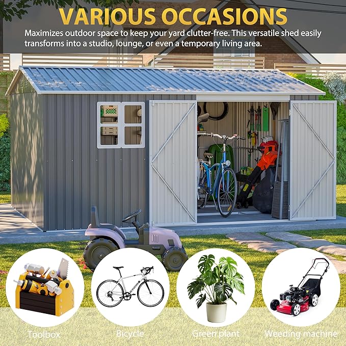 12x10 FT Outdoor Storage Shed with Floor Frame & Window, Heavy Duty Metal Garden Tool Shed with Double Lockable Doors, Waterproof Backyard Utility Shed for Bikes, Lawn Mowers, Tools, Equipment