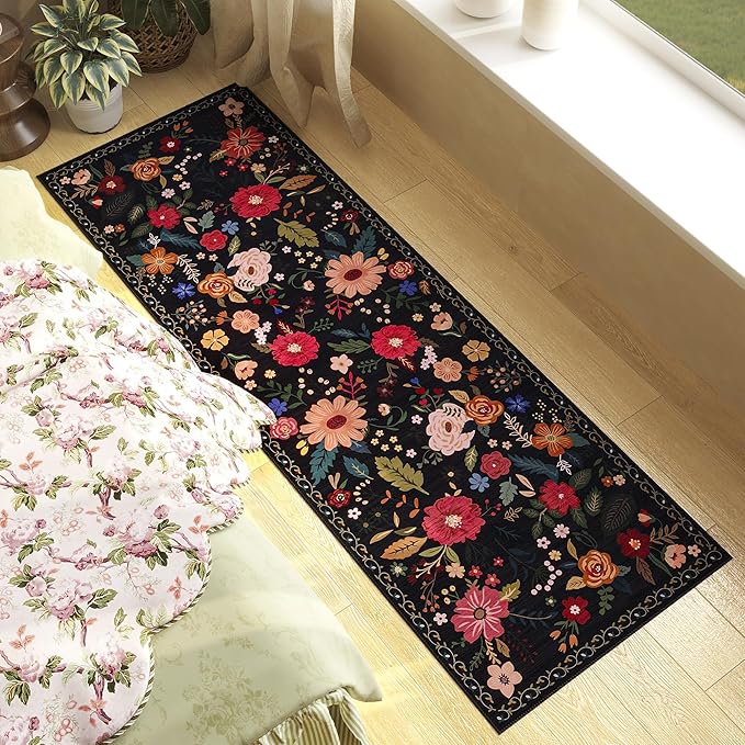 Rug Runners 2x6, Floral Washable Kitchen Rugs for Hallways Area Rugs, Non Slip Long Rug Low Pile Entrance Doormat, Flower Carpet for Kitchen, Entryway Indoor, Bedroom, Bathroom, Laundry, Black