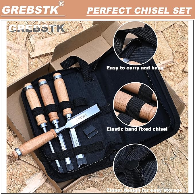 GREBSTK 4 Pcs Wood Chisel Set, CRV Steel Bevel Sharp Edge Bench Chisels with Canvas Bag, Comfortful Beech Handle, for Woodworking and DIY Projects, 9.5"x(1/4", 1/2", 3/4", 1")