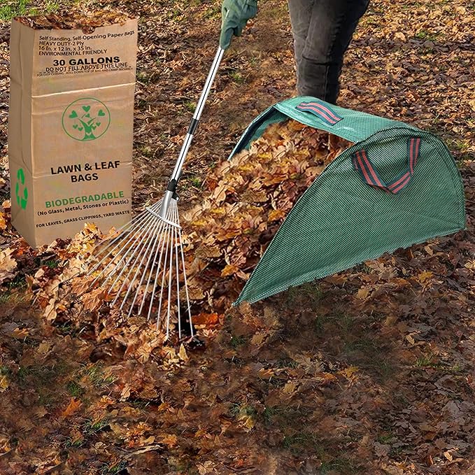 30 Gallon Heavy Duty Brown Paper Lawn and Leaf Bags with 20 GAL Dustpan-Type Bag, 2-Ply Heavy Duty Large Kraft Paper Bags (10 Count) | Tear Resistant Yard Waste Bag for Home and Garden