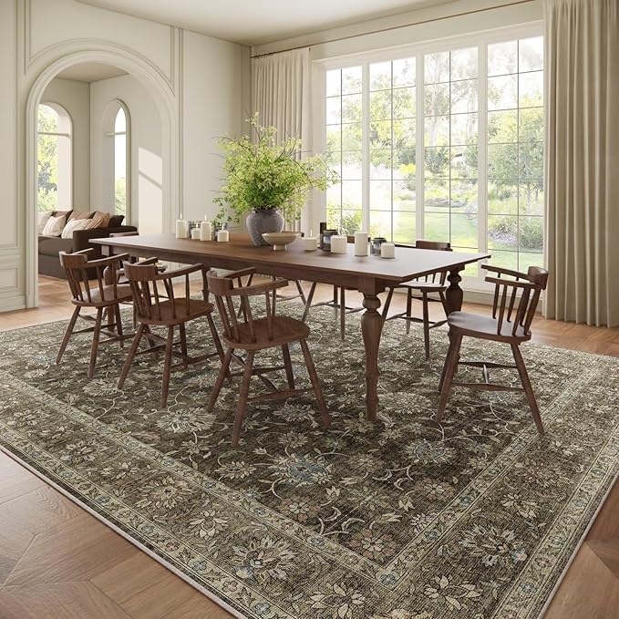 Washable 10x14 Area Rugs for Living Room, Boho Non-Slip Silicone Backing Rugs for Bedroom Dining Room Office, 0.3" Neutral Oriental Throw Carpet with 0.16" Cushioning Pad, Flaxen/Multi