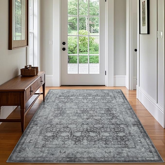 5x7 Washable Area Rug for Living Room, Non Slip Vintage Floral Rugs for Bedroom, Retro Indoor Floor Carpet for Kitchen, Dining Room, Farmhouse, Classroom (Distressed Grey)