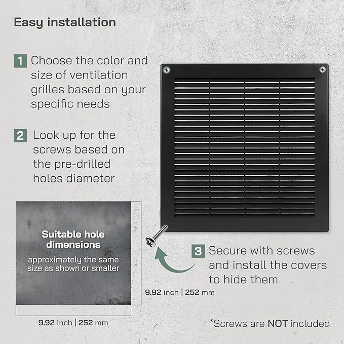 Vent Systems 12'' x 12'' Inch Black Soffit Vent Cover - Pack of 100 - Flat Square Air Vent Louver - Grille Cover - Built-in Insect Screen - HVAC Vents for Bathroom, Home Office, Kitchen 12x12 Inch