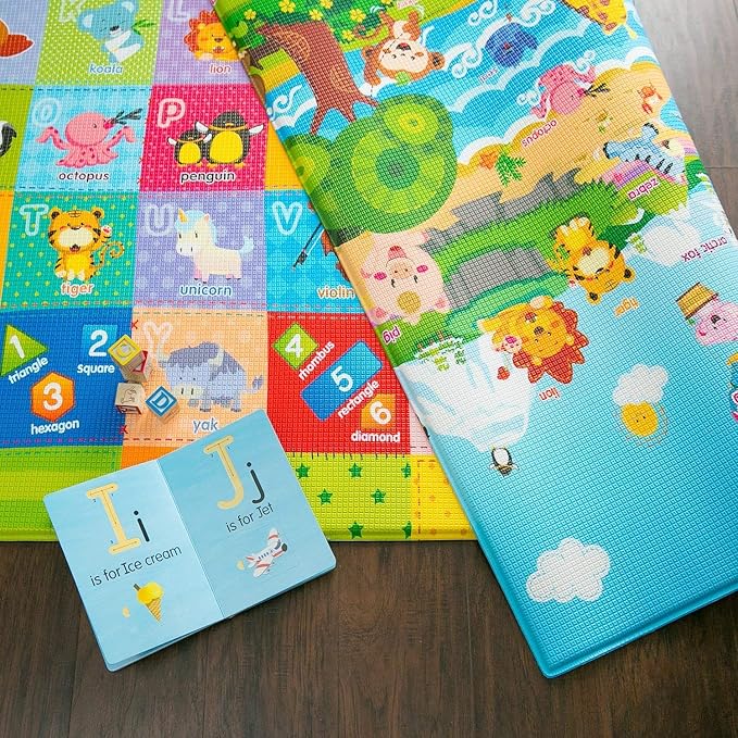 Baby Care Play Mat (Medium, Playful - Pinko & Friend) 73’’ x 49’’ Original One-Piece Reversible Rollable Waterproof Play Mat for Infants, Babies, Toddler, and Kids