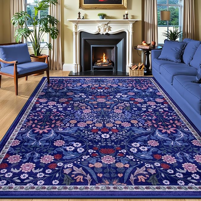 10x14 Area Rugs for Living Room: Floral Washable Rug Vintage Large Soft Boho Non-Slip Carpet Indoor Floor Stain Resistant Low Pile Carpets for Bedroom Dining Room Farmhouse Nursery Hallway Home Office