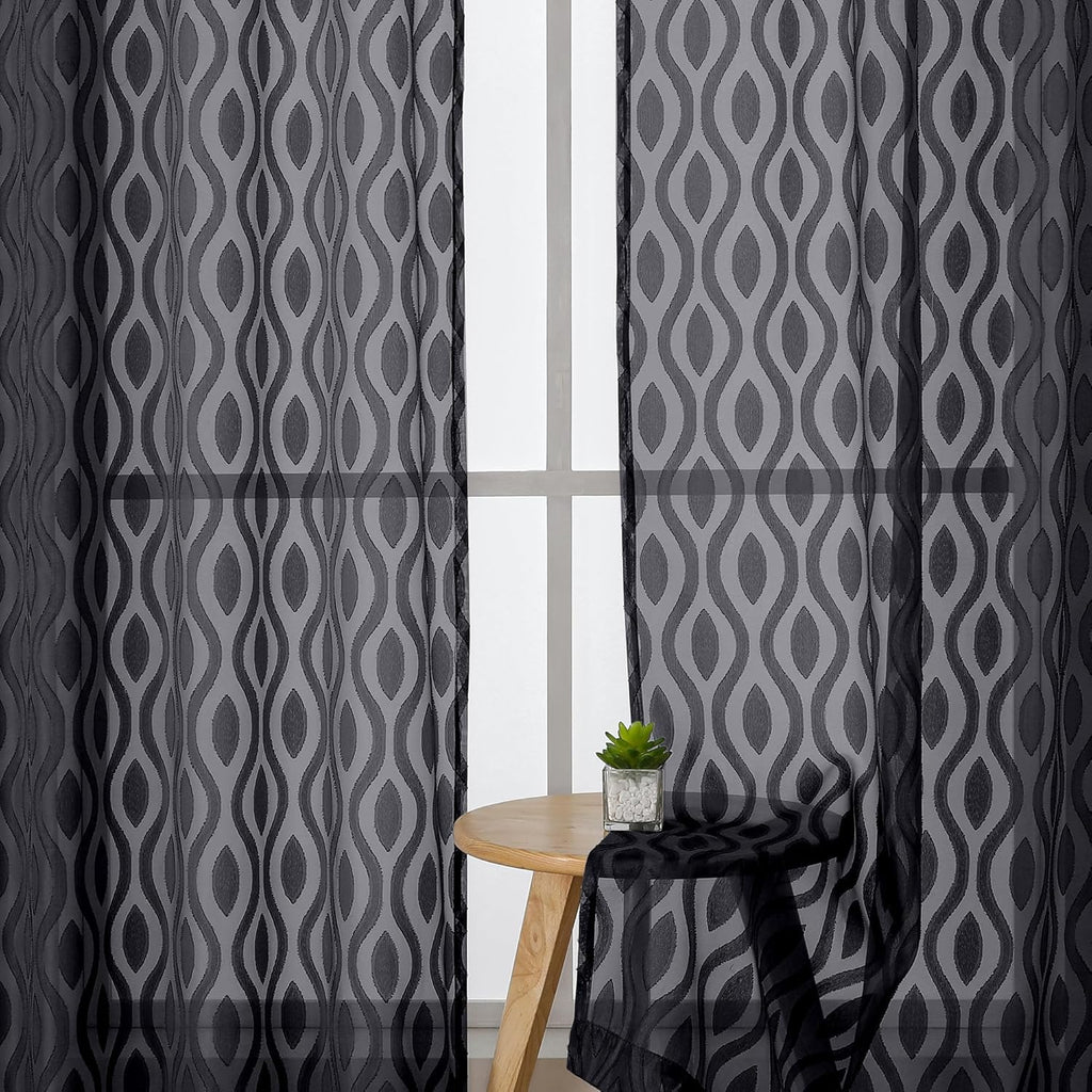 Aiyufeng Black Sheer Curtains Tiers 36 Inch Length 2 Panels Set, Airy Lightweight Clip Jacquard Small Window Curtains, Modern Wavy Line Textured Voile Sheer Curtains for Small Windows, 40"Wx36"L Inch