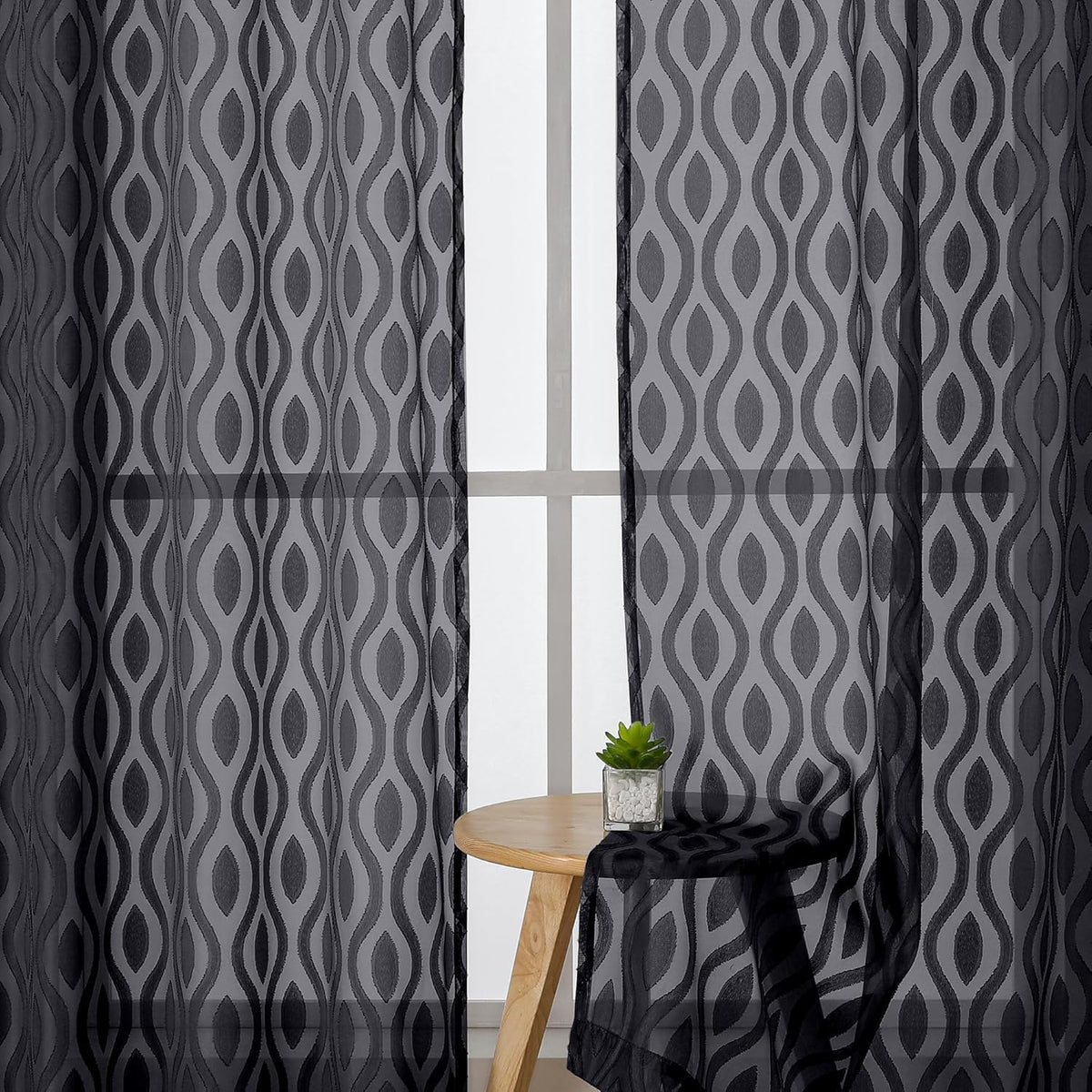 Aiyufeng Black Sheer Curtains Tiers 36 Inch Length 2 Panels Set, Airy Lightweight Clip Jacquard Small Window Curtains, Modern Wavy Line Textured Voile Sheer Curtains for Small Windows, 40"Wx36"L Inch