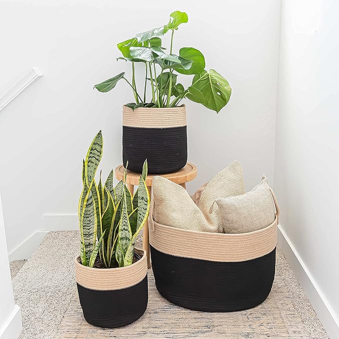 OrganiHaus Woven Laundry Basket, Large Cotton Rope Blanket Holder with Handles, Soft & Sturdy Nursery Hamper, Decorative Toy Bin for Living Room Organization 20x13 inches - Black/Honey
