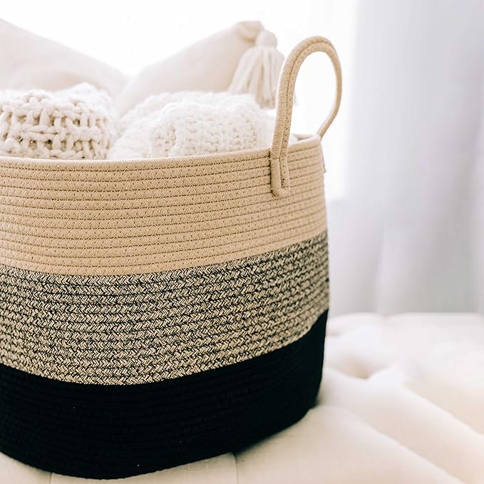 OrganiHaus Woven Laundry Basket, Large Cotton Rope Blanket Holder with Handles, Soft & Sturdy Nursery Hamper, Decorative Toy Bin for Living Room Organization 20x13 inches - Brown/Black