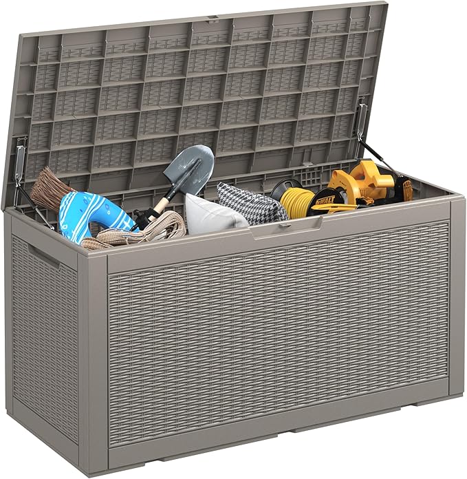 KAMABOKO 101 Gallon Waterproof Large Resin Deck Box, Lockable Large Outdoor Storage Boxes Indoor Outdoor Storage Container for Patio Cushions, Gardening Tools, Pool Supplies, Grey