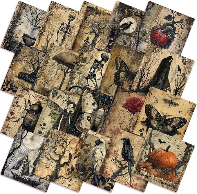 Ganeen 60 Pcs 10 x 10 Inch Vintage Halloween Quilting Fabric Squares Retro Halloween Fat Patchwork Precut Strips Rustic Crow Skull Fabric Bundles for Holiday DIY Craft Sewing Quilt Material Handmade