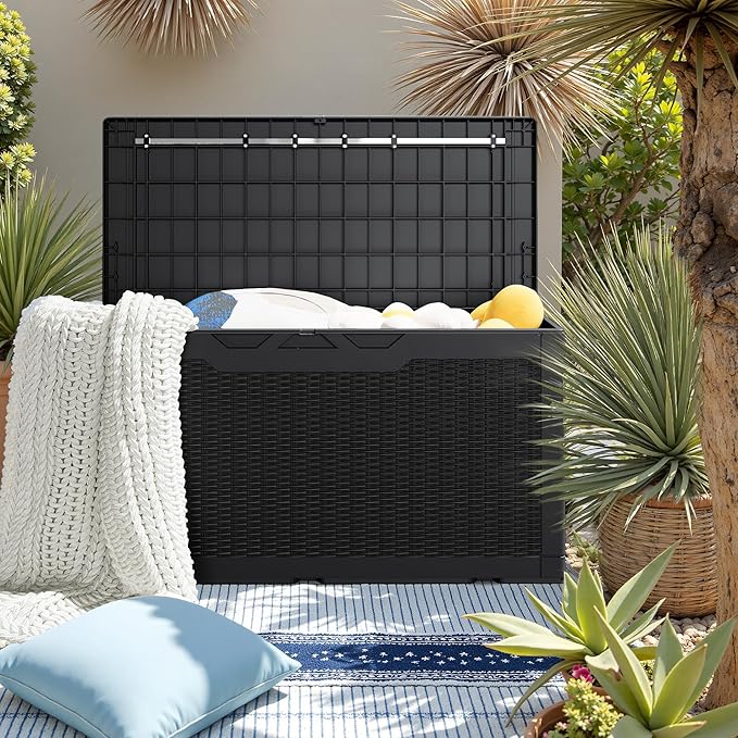 JUMMICO 100 Gallon Resin Deck Box, Waterproof Outdoor Storage Box with Lockable Lid for Garden Tools, Patio Cushions (Black)