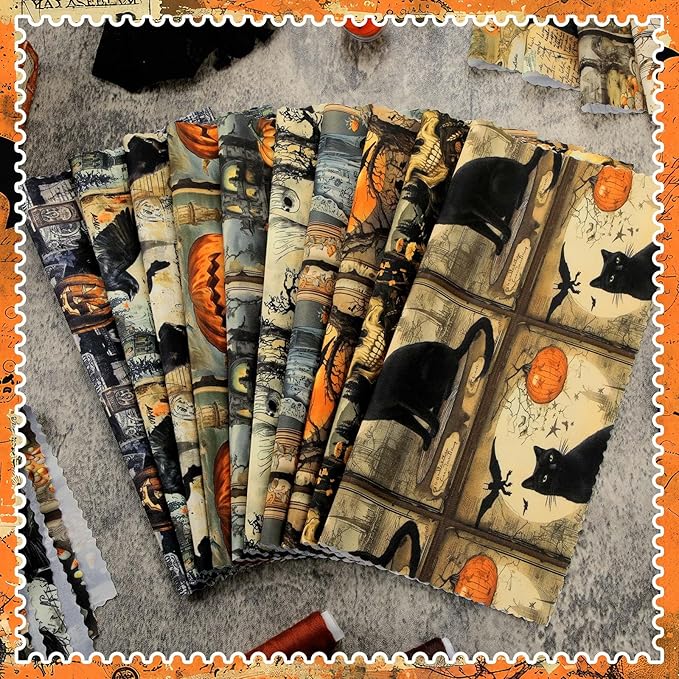 Ganeen 60 Pcs 10 x 10 Inch Vintage Halloween Quilting Fabric Squares Spooky Gothic Fabric Bundle Pumpkin Skull Black Cat Fat Patchwork Precut Stripe for Holiday Handmade Material Sewing DIY Craft