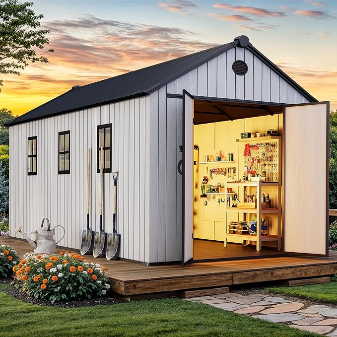 YITAHOME 8x16 FT Outdoor Storage Shed with Floor, Waterproof Plastic Garden Shed with Lockable Doors, 2 Vents & 3 Windows, 875 cu. ft. Resin Shed for Tools, Bikes, Patio or Backyard, Gray