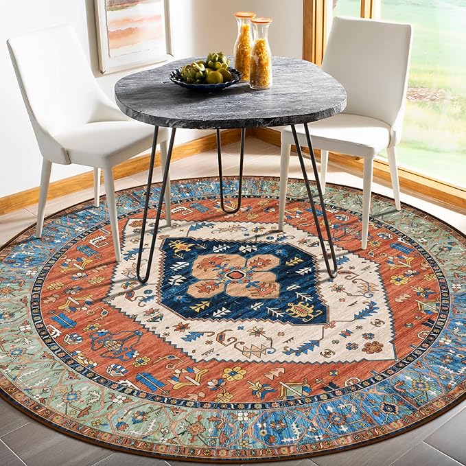 Lahome Boho Washable 4Ft Round Area Rug, Non-Slip Throw Untra-Thin Small Round Carpet, Oriental Vintage Distressed Circle Rug for Bedroom Kitchen Dining Living Room Office, 4x4/Rust
