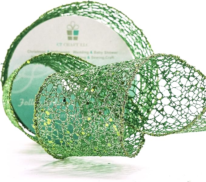 CT CRAFT LLC Sparkling Glitter Mesh Wired Ribbon 2.5" x 10 Yards Green for Christmas Home Decor Bow Gift Wrapping DIY Crafts Wreath