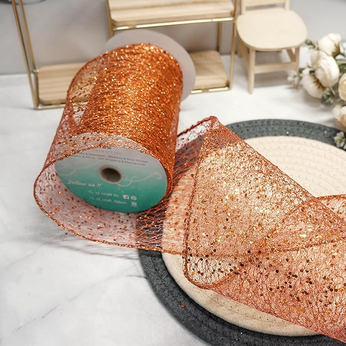 CT CRAFT LLC Sparkling Glitter Mesh Wired Ribbon 6" x 10 Yards Bronze Orange for Christmas Home Decor Bow Gift Wrapping DIY Crafts Wreath