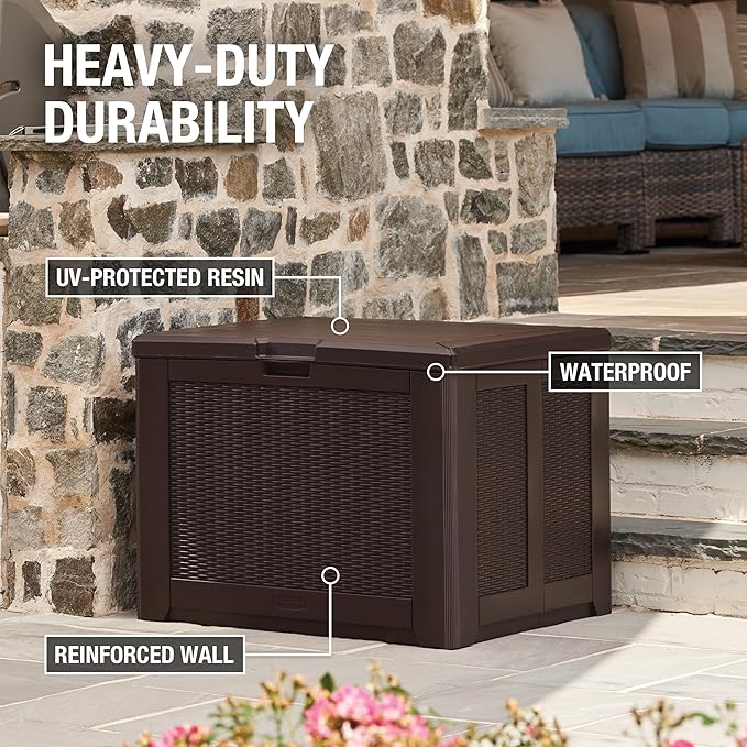 Rubbermaid Medium Resin Outdoor Storage Deck Box (74 Gal) Weather Resistant Brown Deck Organization for Home/Backyard/Pool Chemicals/Toys/Garden Tools/Porch/Patio Cushions