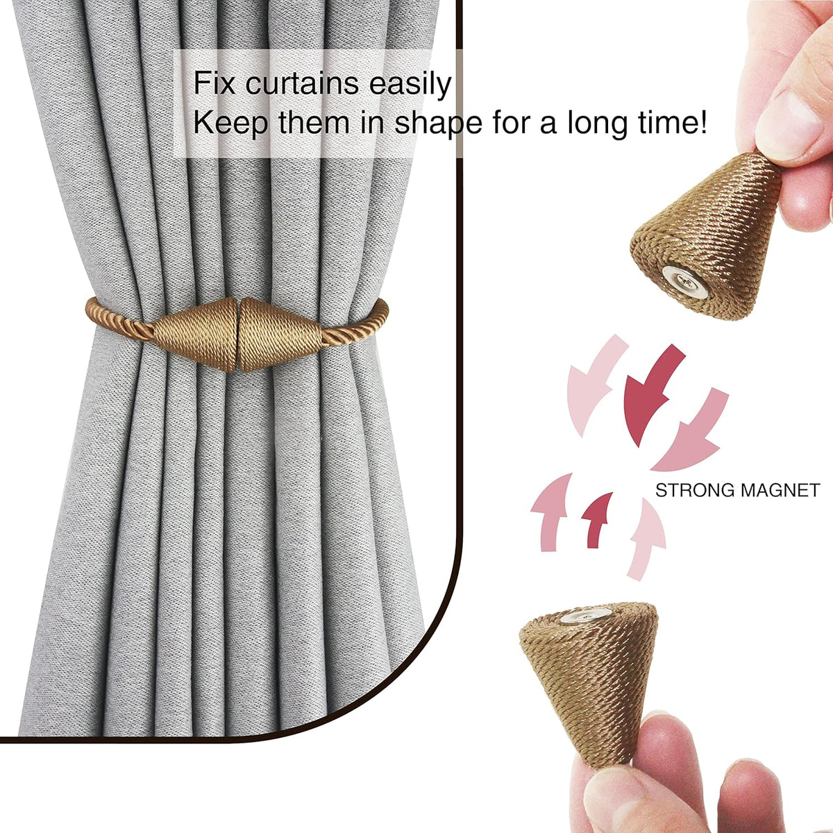 6 Pack Magnetic Curtain Tiebacks Rope Modern Handmade Curtain Tie Backs Decorative Drapes Weave Holdbacks for Window Décor, Khaki