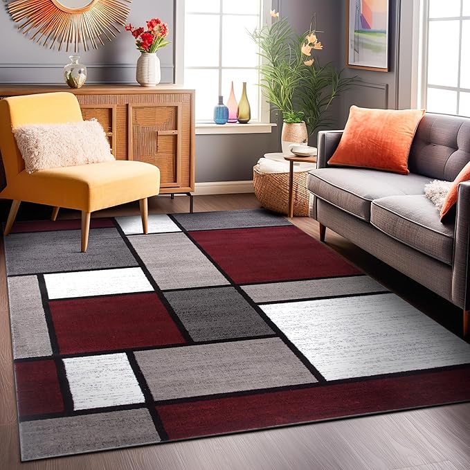 Rugshop Contemporary Modern Boxes Area Rug 9' X 12' Red