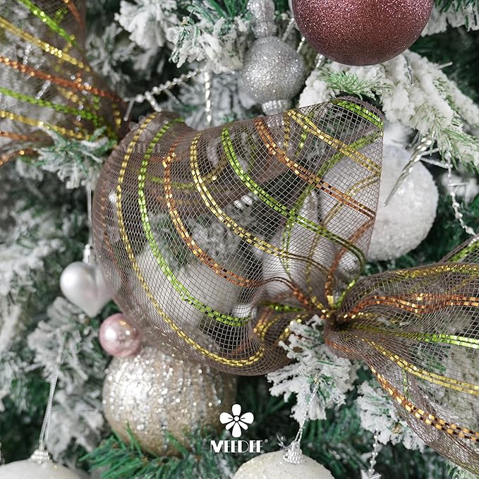 MEEDEE Fall Deco Mesh 10 Inch Rolls Brown Basic Mesh with Deluxe Wide Foil Orange & Yellow & Lime Metallic Striped Deco Mesh for Wreaths, Garland, Christmas Tree, Gift Wrapping, Bows Making (30 Feet)