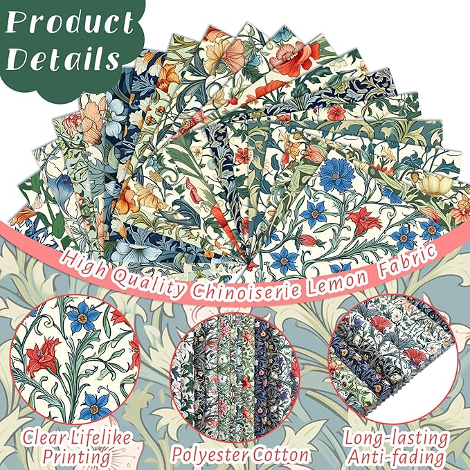 Ganeen 60 Pcs 10 x 10 Inch William Morris Floral Quilting Fabric Squares Vintage Floral Fat Patchwork Precut Strips Retro Multicolor Fabric Bundles for Holiday DIY Craft Sewing Quilt Material Handmade