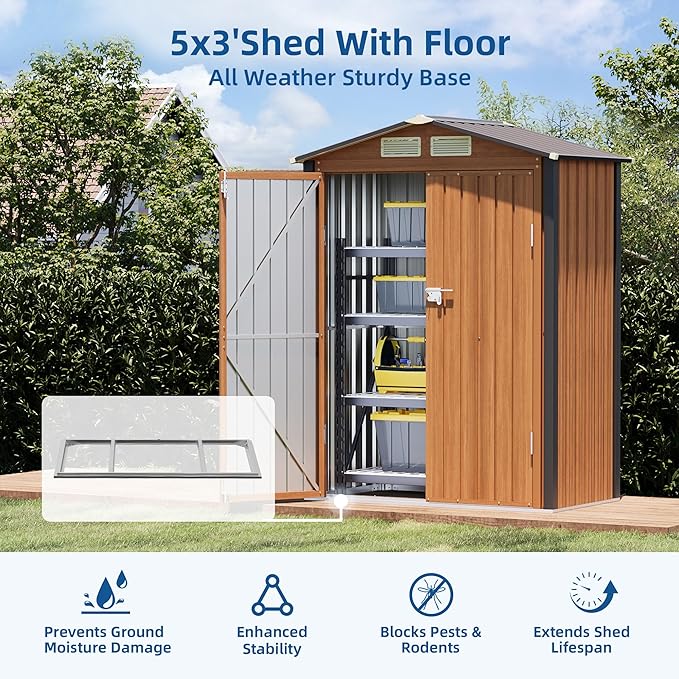 5x3FT Outdoor Storage Shed, Metal Garden Shed with Floor Base, Updated Frame Structure & Lockable Doors, Large Tool Shed for Backyard, Patio,Lawn,Utility & Bike Storage