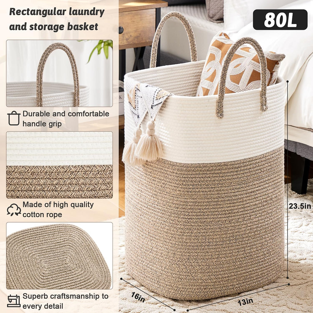 Laundry Basket,Woven Cotton Rope Laundry Hamper,Versatile Storage for Dirty Clothes,Baby Toys,and Blankets in Bathroom, Nursery,and Living Room (Brown, 80L)