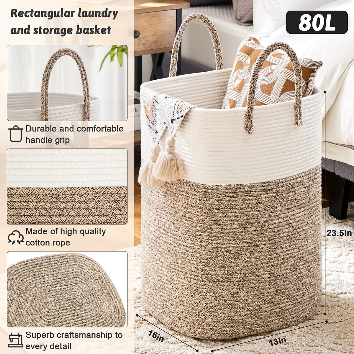 Laundry Basket,Woven Cotton Rope Laundry Hamper,Versatile Storage for Dirty Clothes,Baby Toys,and Blankets in Bathroom, Nursery,and Living Room (Brown, 80L)