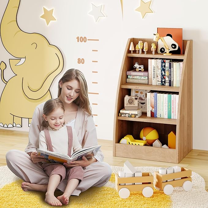 Kids Bookshelf,4 Tier Kids Book Shelf for Kids Rooms,Wood Children Bookcase,Baby Storage Book Rack,Toddler Bookshelf, Book and Toy Organizer,Book Display Shelf for Bedroom, Playroom, Nursery