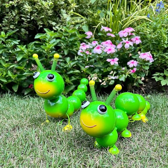 Metal Caterpillar Statue Yard Art Garden Decor for Outside Patio Lawn Ornaments Fence Decorations Gift for Family,Friends,Garden Lovers - Set of 2(Green)