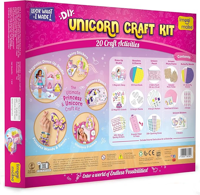 Imagimake Unicorn Craft Kit | 20+ Mess Free Activities | Bracelet Making Kit, Magnetic Board Princess Dress Up, Unicorn Stickers and More | 5,6,7,8 Year Old Girl Birthday Gift | Crafts for Girls 8-12