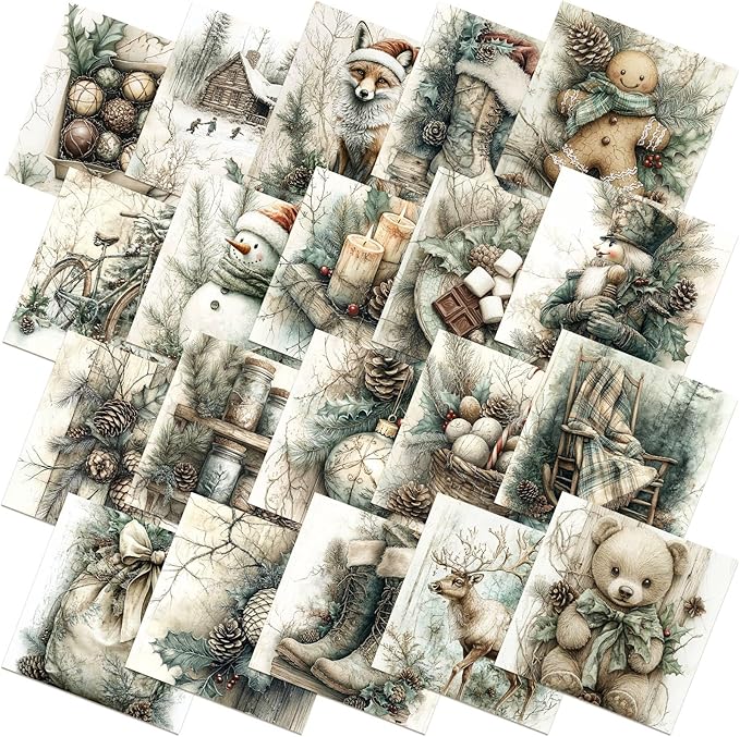 Ganeen 60 Pcs 10 x 10 Inch Vintage Green Christmas Quilting Fabric Squares Snowman Fat Patchwork Precut Strips Gingerbread Reindeer Fabric Bundles for Winter Xmas DIY Craft Sewing Handmade Material