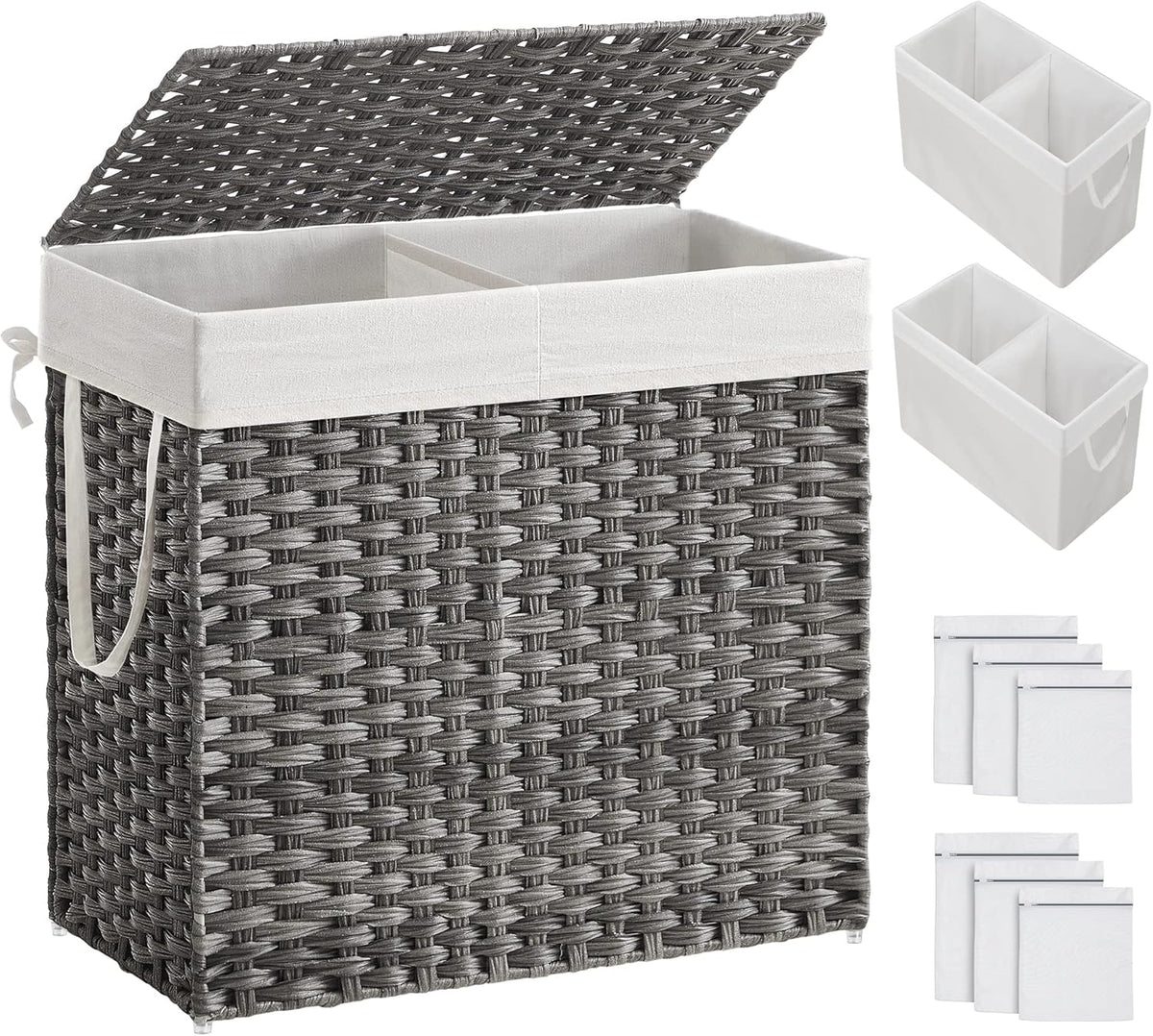 SONGMICS 130L Clothes Hamper with Lid, 2 Removable Liner Bags, 6 Mesh Bags, Wicker, Double Laundry Basket for Bathroom, 13 x 26 x 23.6 Inches, Gray ULCB253G01
