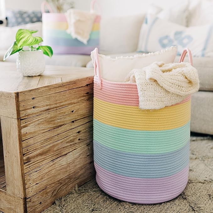 OrganiHaus Cotton Rope Basket for Rainbow Classroom Decor 15x18 | Toy Basket for Pastel Room Decor | Playroom Organization and Storage | Toy Bins & Book Basket | Tall Blanket Basket for Living Room