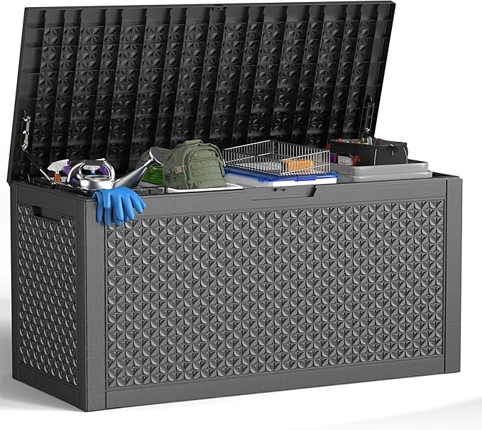 ROJIK Outdoor Storage Housing Deck Box - Waterproof Patio Furniture, Garden Tools, Cushions, Pool Accessories Storage Bench with Lockable Lid and Side Handles (Black pattern,100 Gal)