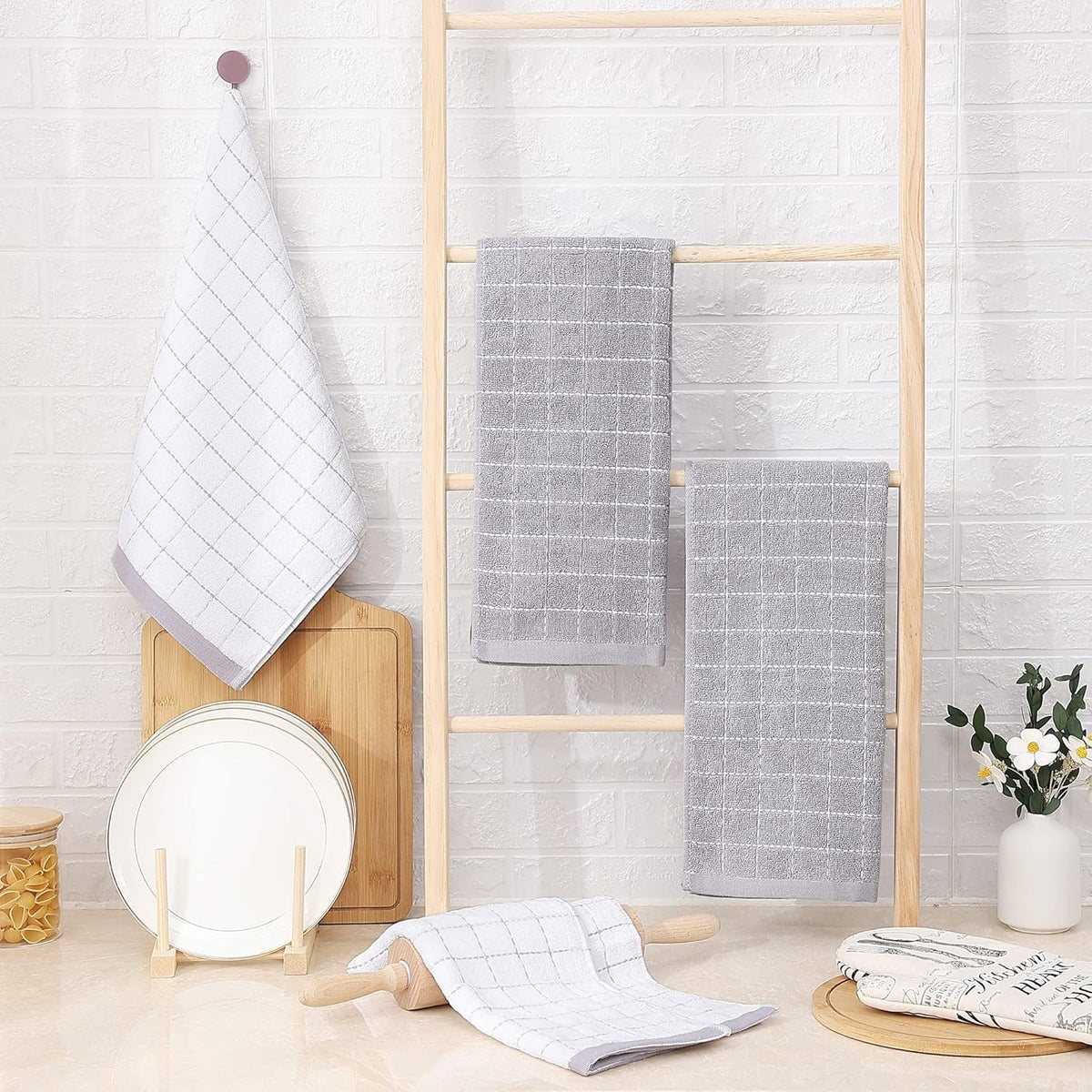Homaxy 100% Cotton Terry Kitchen Towels(Mixed Color, 13 x 28 Inches), Checkered Designed, Soft and Super Absorbent Dish Towels, 4 Pack