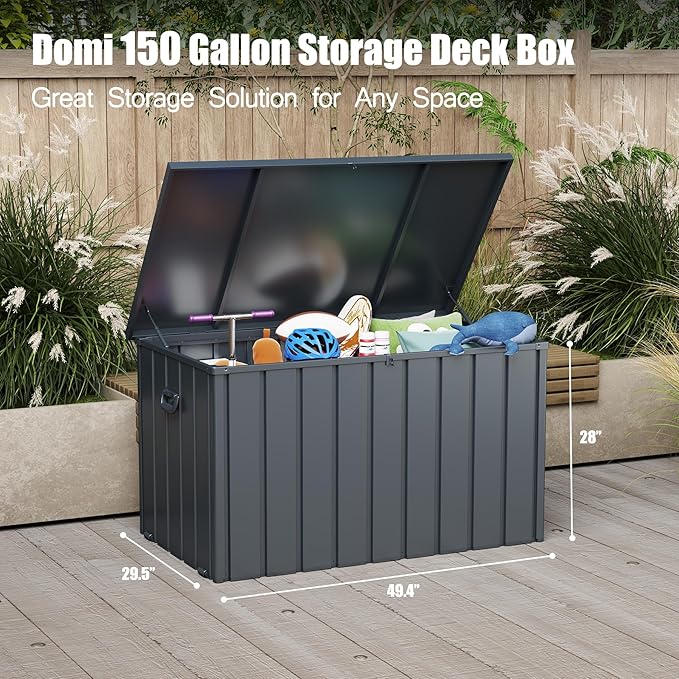 Domi Deck Box Outdoor 150 Gallon, Waterproof Lockable Steel Outdoor Storage Container for Outside Cushions, Garden Tools and Pools Equipment, Gray