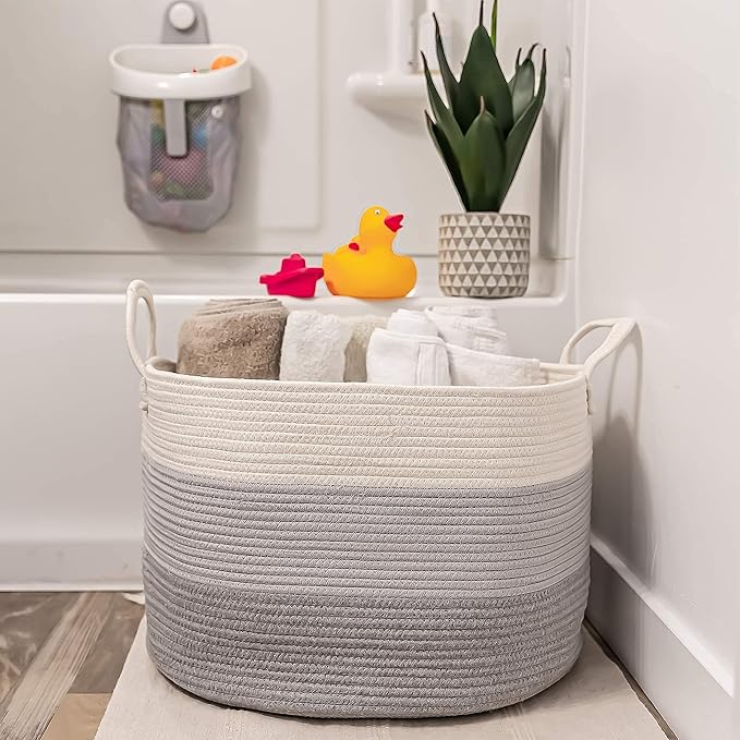 OrganiHaus Large Laundry Basket, Woven Cotton Rope Basket for Blankets, Toy Storage, Nursery Hamper, Living Room Decor Organizer, Soft & Durable Hamper with Handles, 20x13 inches - Gray