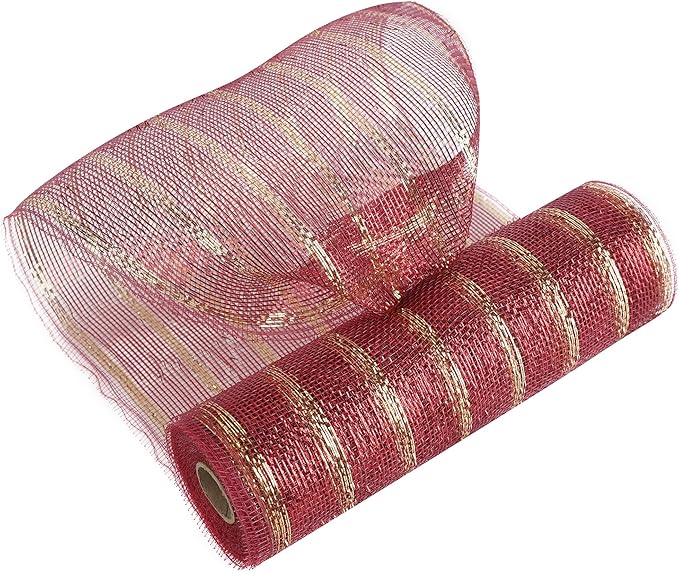 MEEDEE Burgundy and Gold Deco Mesh 10 Inch Metallic Striped Deco Mesh Christmas Mesh Ribbon for Christmas Tree, Wreaths, Garland, Gift Wrapping, Bows Making (30 Feet)