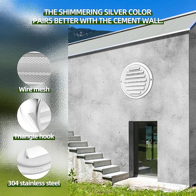 3'' Shiny Silver Paint Stainless Steel Air Vents, Louvered Grille Cover Vent Hood Flat Ducting Ventilation Air Vent Wall Air Outlet with Fly Screen Mesh for House (3 inch Shiny Silver Paint Cover)