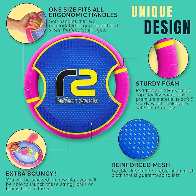 Fun Bouncy Paddle & Stringy Ball Toss & Catch Game - Easy to Use for Kids All Ages - Soft Foam Design for Safe Play Indoors or Outdoors - Also Works as Flying Disc - Great Gift Idea for Boys & Girls