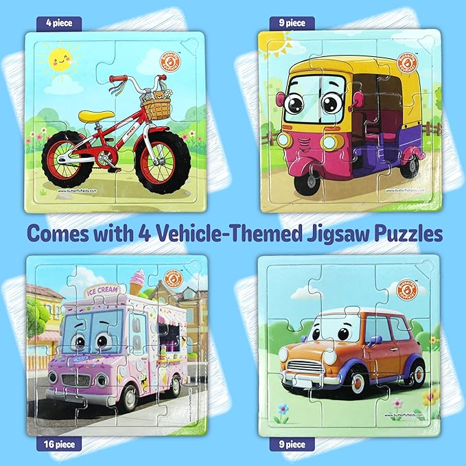 Butterfly EduFields 4-in-1 Vehicles Jigsaw Puzzle Set for Kids Age 3-7 | 38 Pcs Brain-Boosting Puzzle Toy with Coloring Worksheets for Boys & Girls | Preschool Learning