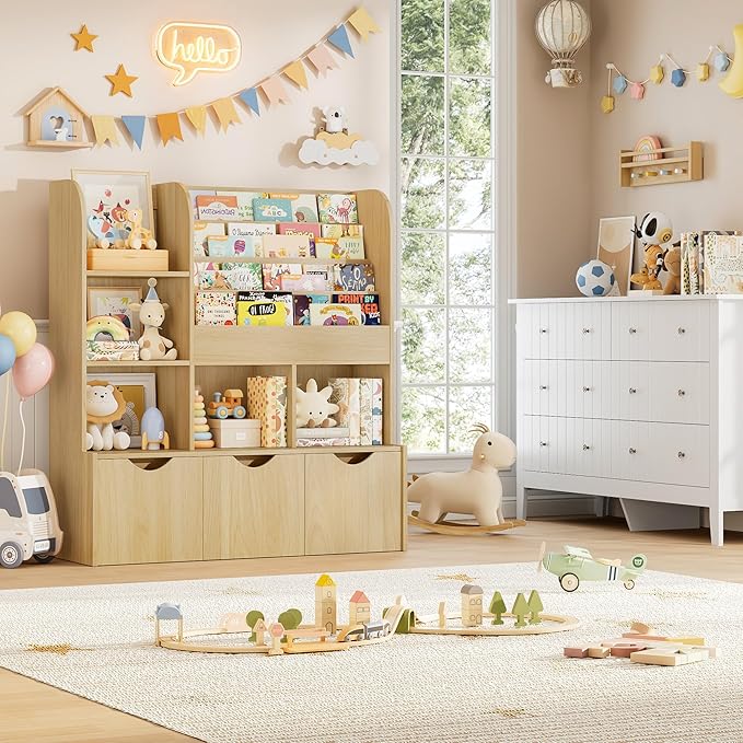 FOTOSOK 47'' Kids Bookshelf with Toy Storage, Multifunctional Bookcase with 5 Storage Cubbies and 3 Movable Drawers, Toy Storager Display Stand, Toy Organizer and Storage for Playroom,Bedroom, Natural