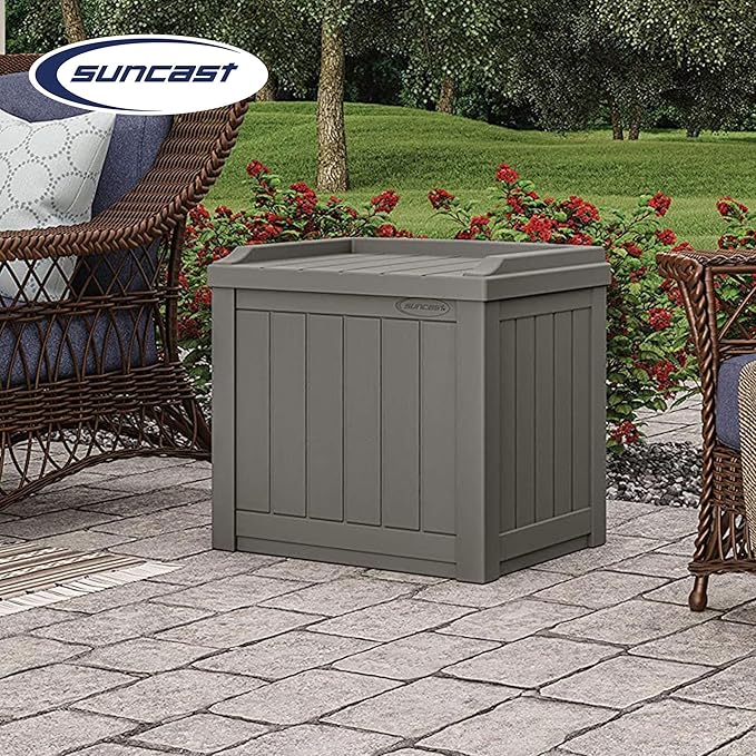 Suncast 22 Gallon Indoor or Outdoor Backyard Patio Small Storage Deck Box with Attractive Bench Seat and Reinforced Lid, Stone (4 Pack)