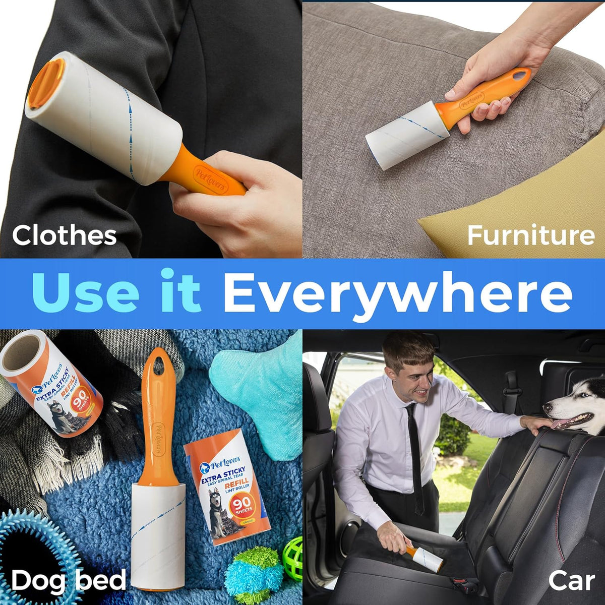 PetLovers Extra Sticky Lint Roller Mega Value Set 450 Sheets for Pet Hair Removal and Clothes, Dog and Cat Lint Remover 5 Pack Orange