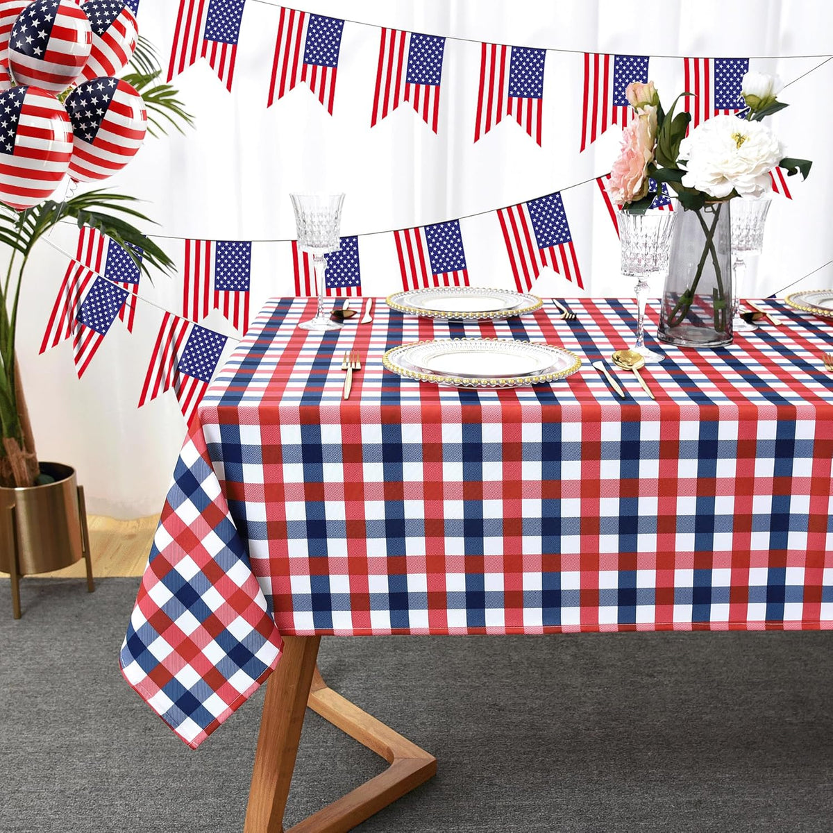 Patriotic Party Plaid Tablecloth Fabric - Rectangular 58x102 Inch Water Resistant Checked Table Cloth for Indoor/Outdoor Use - Table Cover for Independence Day Memorial Day